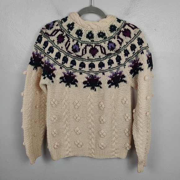 Vintage Woolrich Fair Isle Sweater Womens Small Cable Knit Popcorn Bobble Ivory - Picture 6 of 8